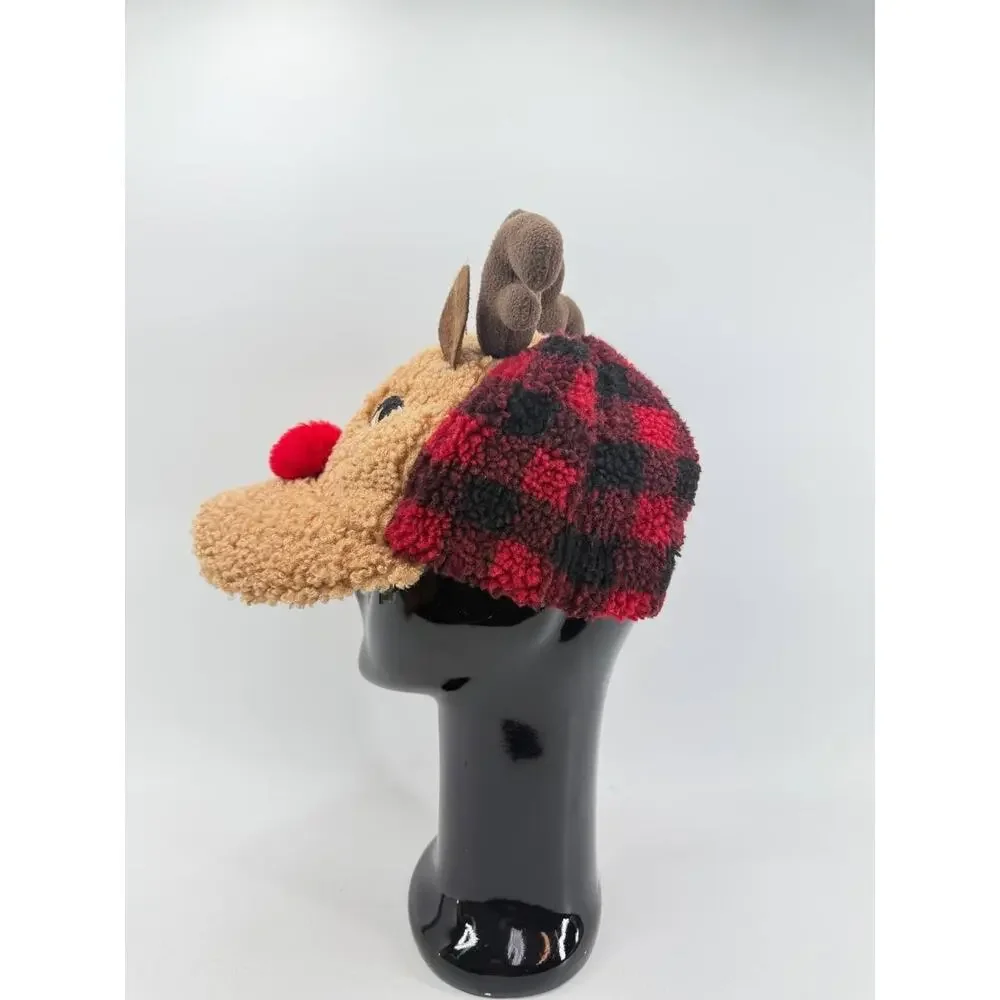 Reindeer Christmas Plush Hat One Size Holiday Time Brown Red Adult